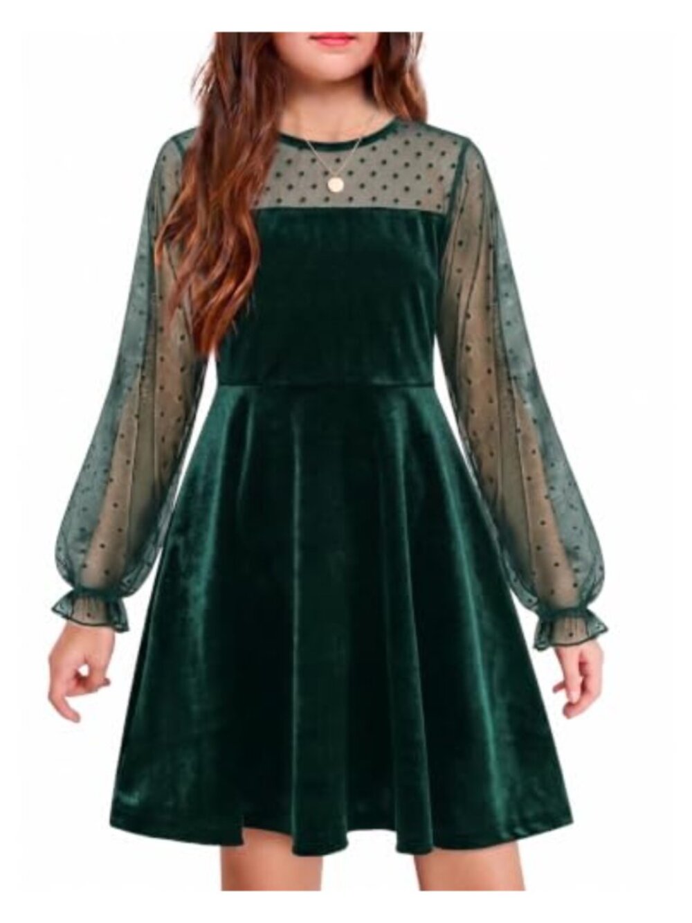 Girls Velvet Dress Long Puff Sleeve Mesh Party 6-14 Years